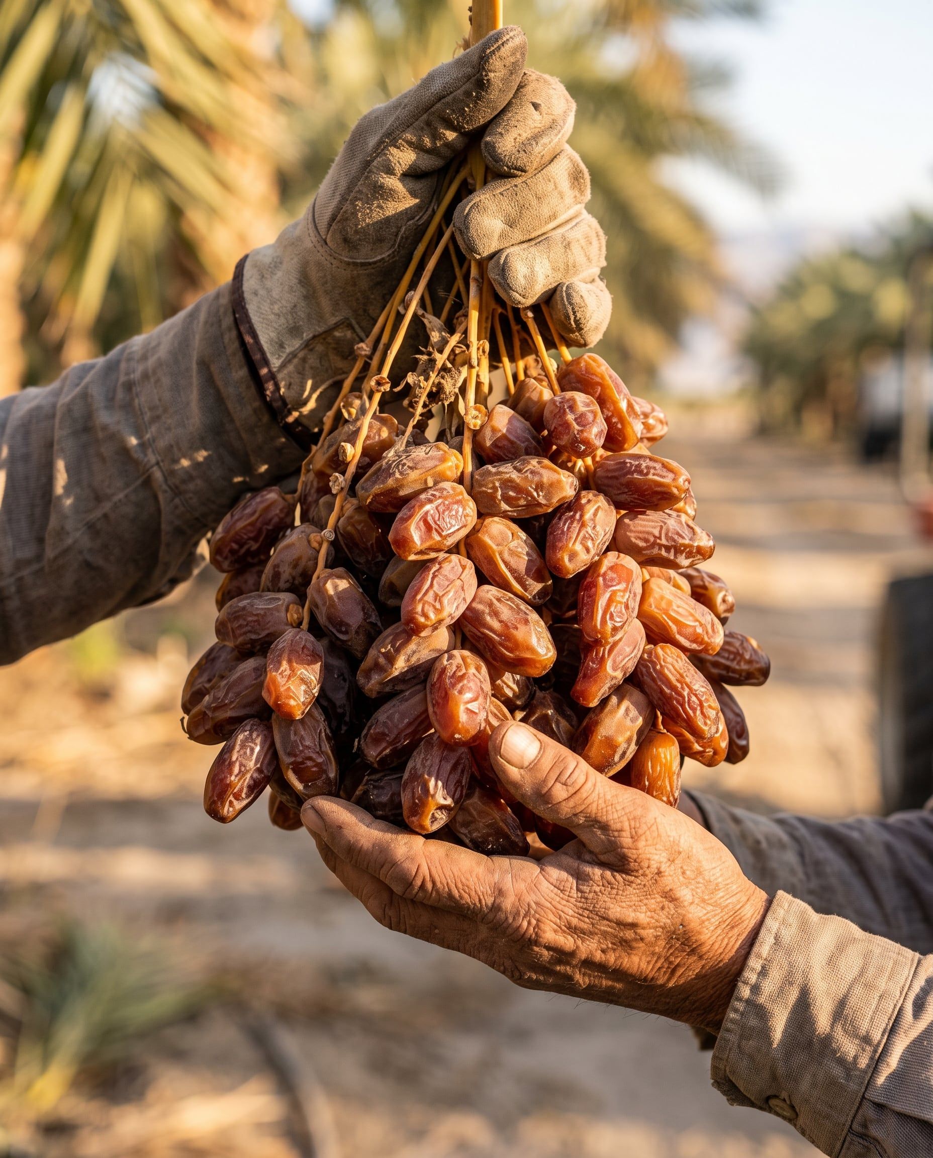 Hands lifting a cluster of ripe Medjool dates