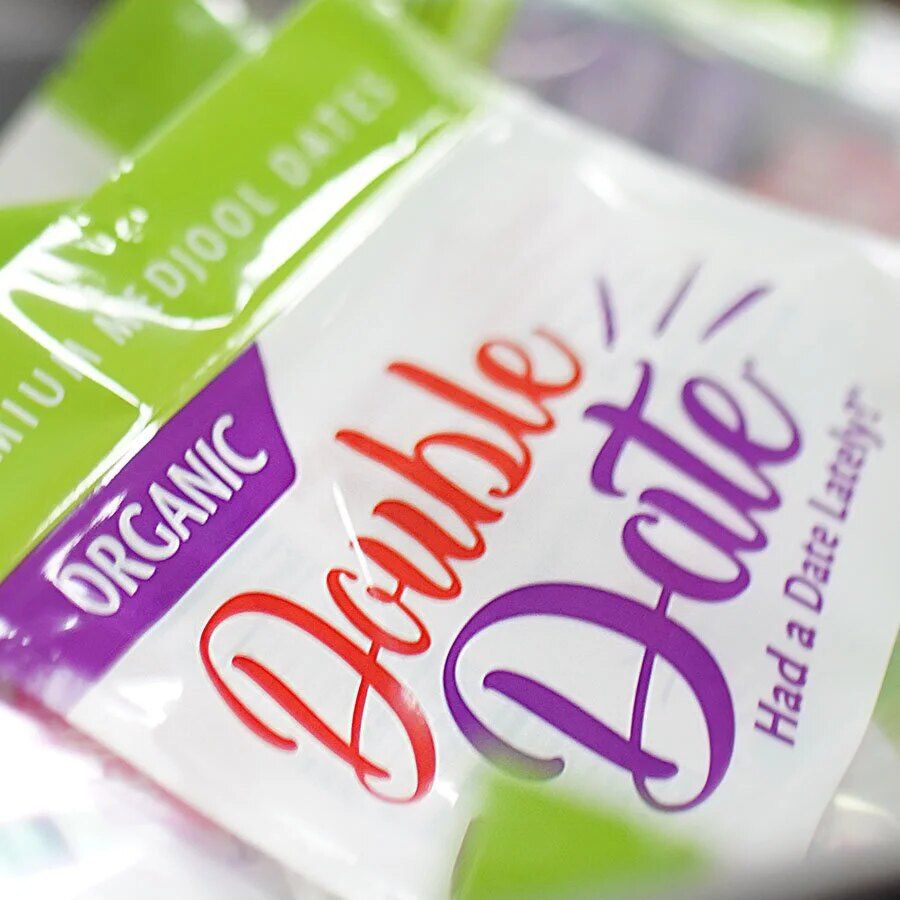 Close-up of the Double Date Organic Medjool Dates pouch