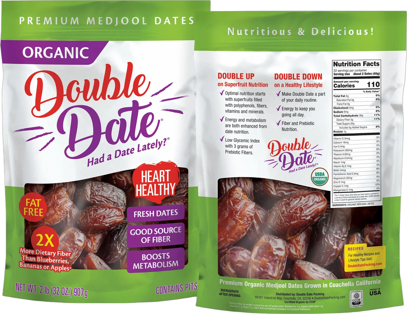 Double Date Organic Medjool Dates pouch, front and back