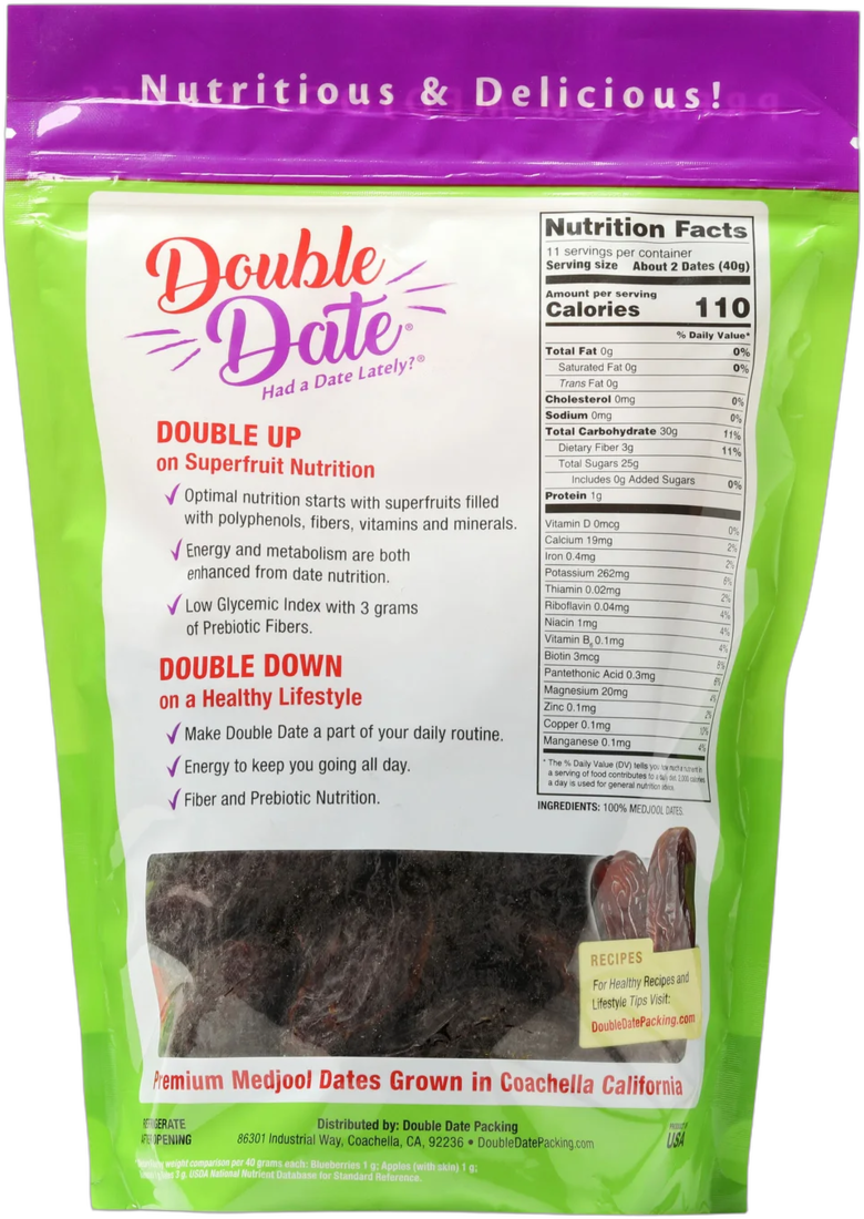 Back of the Double Date Premium Medjool Dates 1 lb pouch